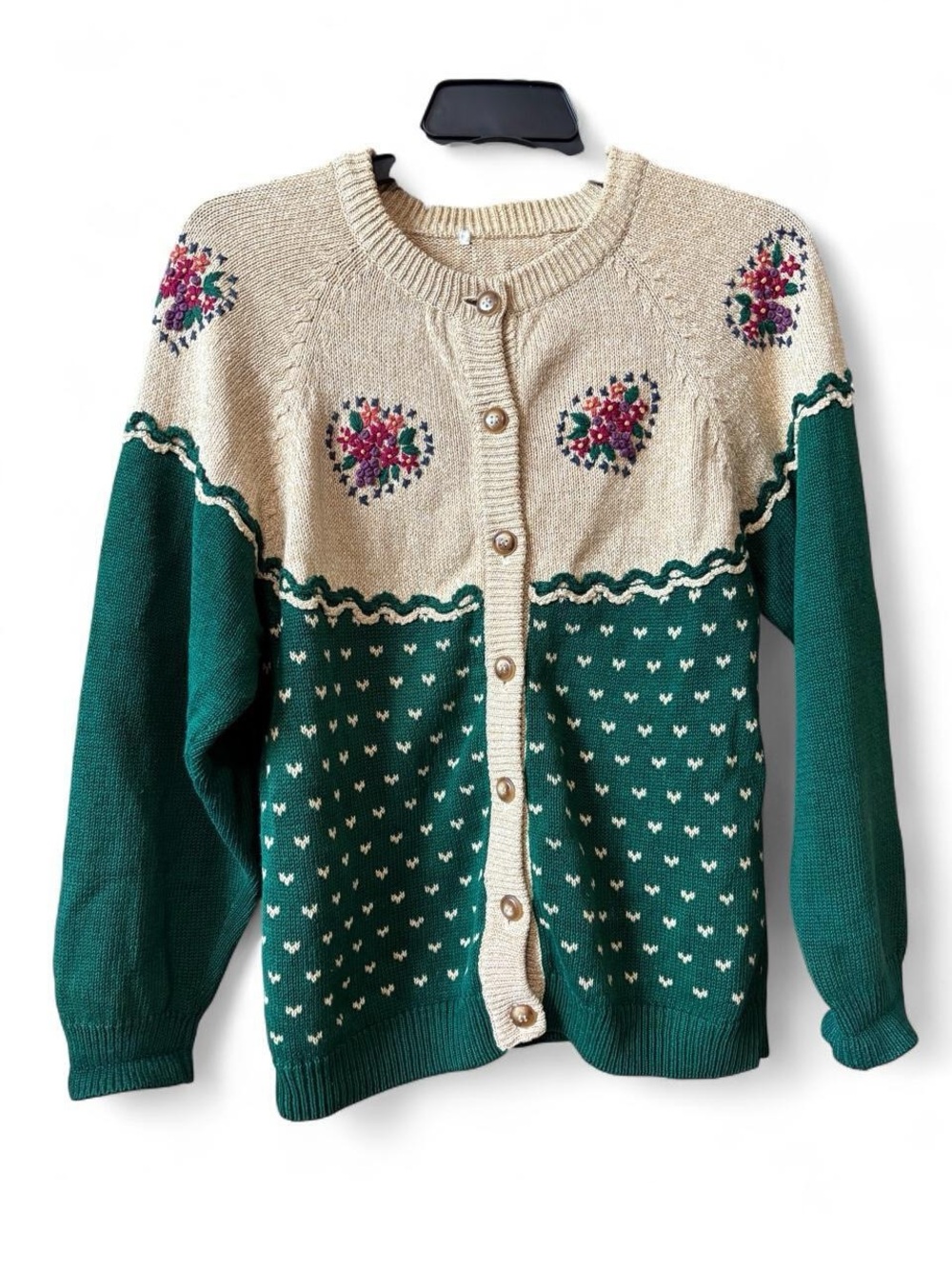 Vintage Green and Cream Floral Knit Cardigan Sweater